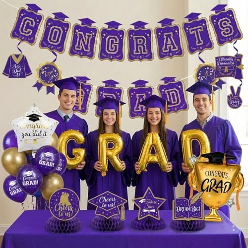 Image of Purple Gold Balloon Garland Arch Kit with backdrop Stars Graduation Cap crown GRAD Letters Mylar Balloons for 2026 graduate Prom Decorations
