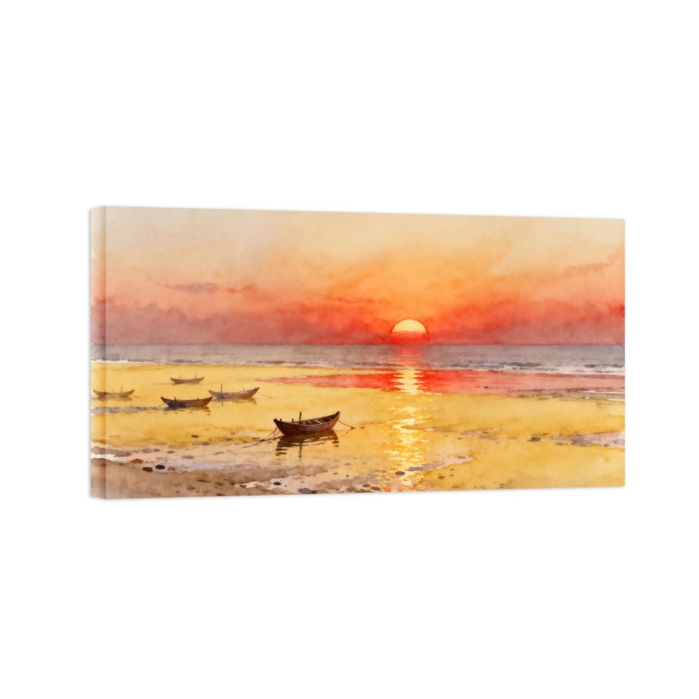 OZPWBVY Boat Sunset Landscape Canvas Prints Ready to Hang 20x35cm Wrapped Canvas