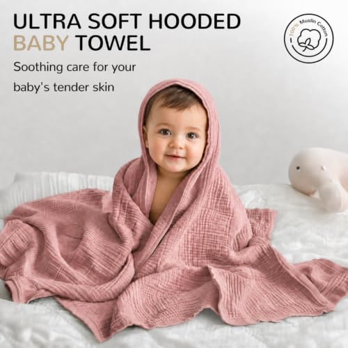 Image of Momsnug 3-Pack Muslin Hooded Baby Towels, Pink + White + Rose, 35 inch X 35 inch