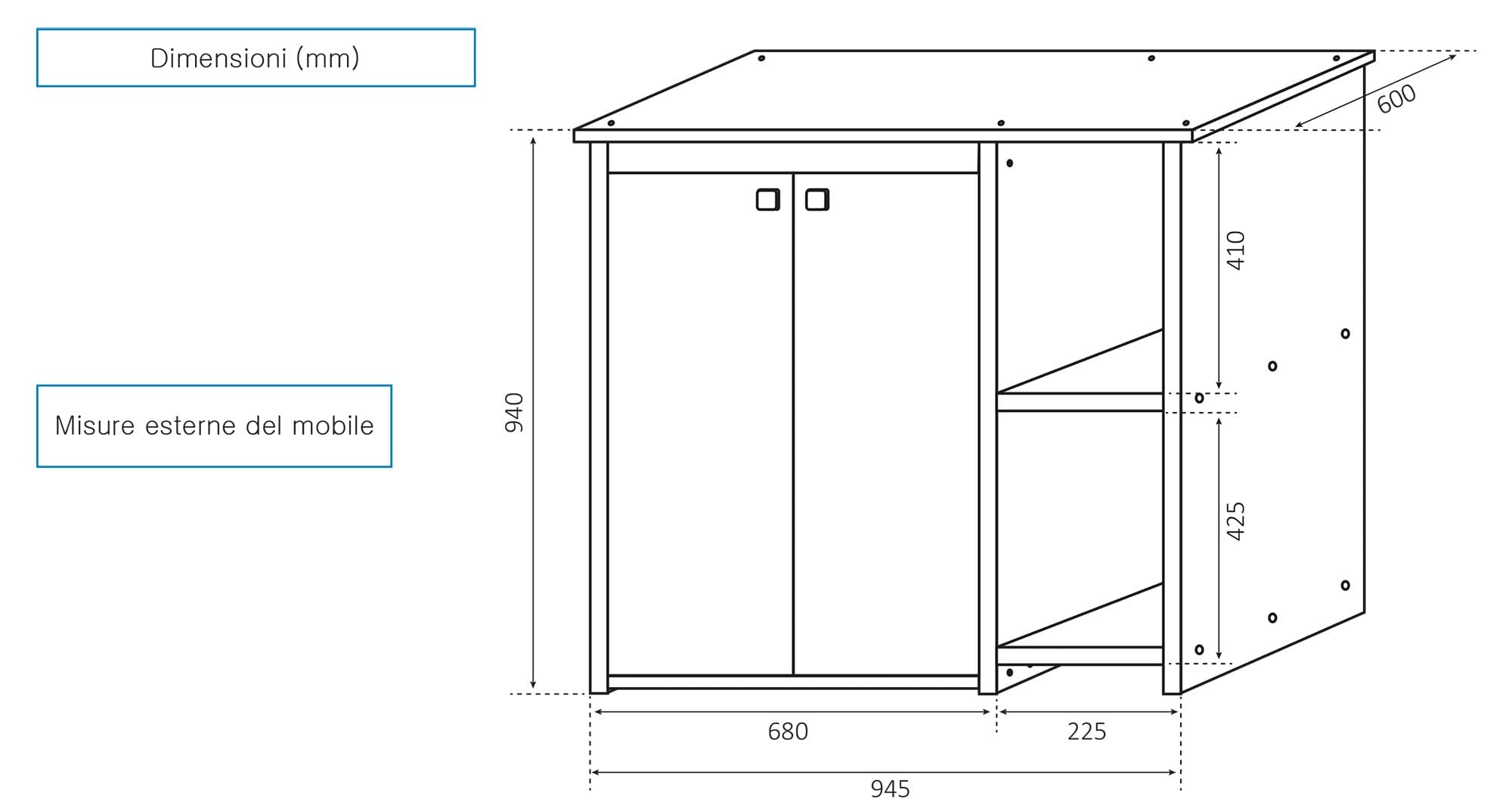Bonussi Coprilavatrice da Esterno in PVC 95x60x94 cm 2 Ante con Ripiani Laterali Laundry Bianco