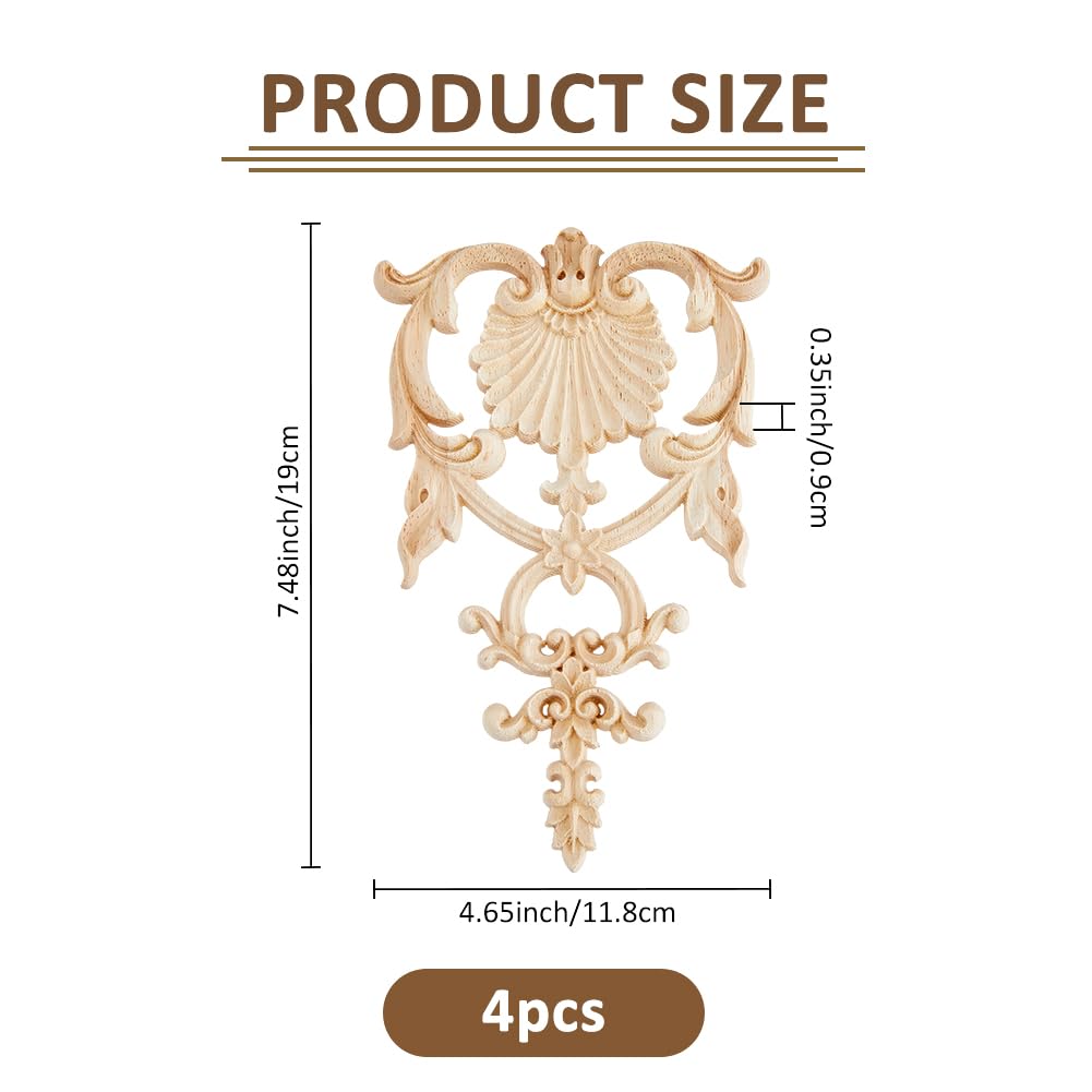 SUPERFINDINGS 4PCS Carved Wood Appliques Onlays Wooden DIY Applique and Onlays Unpainted Wooden Onlay Wood Carving Appliques for Furniture Cabinet Dresser Bed Wall - Image 2