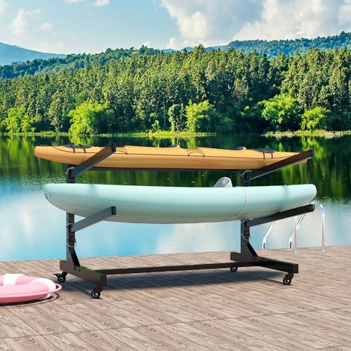 Heavy-Duty Freestanding Kayak Storage Rack for 2 Kayaks - Adjustable Canoe & SUP Stand with Lockable 360° Wheels, Rust-Proof Steel Construction for Garage, Dock & Outdoor Use (Holds 2 Kayaks)