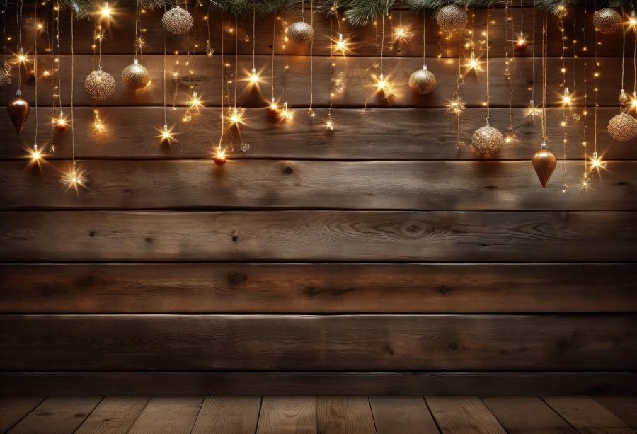 ASDCXZ Holz Foto Hintergrund 2.2x1.5m, Retro Braun Holzwand Glitter Lampe Fotowand, Vinyl Fotobox für Baby Dusche Geburtstag Party Kuchen Tischdekoration...