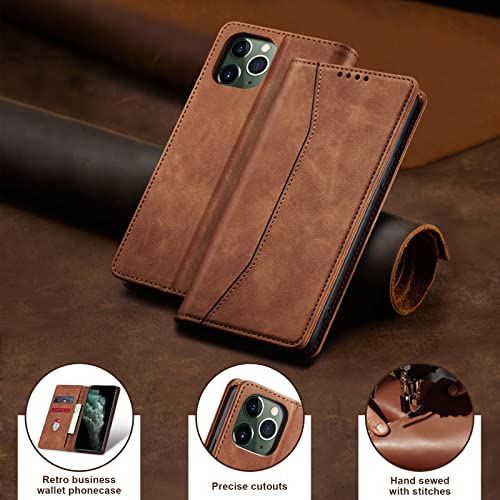 Image of Jasonyu Flip Wallet Case for iPhone 11 Pro,Leather Magnetic Folio Cover with Card Holder,Kickstand - TPU Shockproof Durable Protective Phone Case,Brown