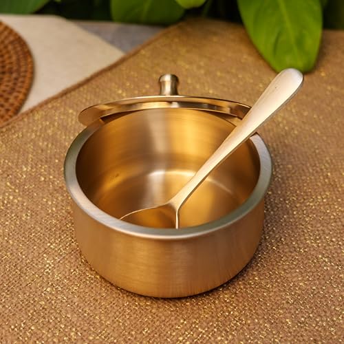 Image of Very Vogue Pure Kansa Handi with Spoon - 600 ML Small Serving Bowl | Traditional Tapeli /Bhagona with Golden Finish | Healthy Ayurvedic Bronze Serveware for Kitchen & Dining