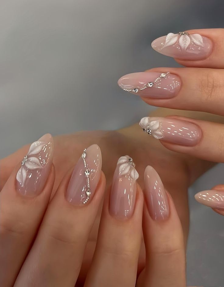 NAILS ELEGANCE - Nude Pink 3D Floral Press-On Nails Set of 10 with Application Kit | Glossy Almond Shape Fake Nails with Rhinestone Accents | Reusable Handmade Nails for Women-image-22