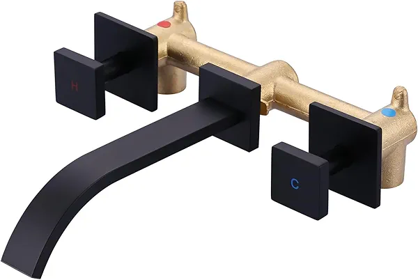 Wall-Mounted Bathroom Sink Faucet: ALEASHA Matte Black Waterfall Bathroom Faucet with Two Handles, Bathroom Sink Faucet Made with Solid Brass, Wall Mounted Washroom Faucets and Rough-in Valve