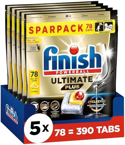 Finish Ultimate Plus Citrus Spülmaschinentabs - Geschirrspültabs für intensive Reinigung, Fettlösekraft und Glanz - Sparpack mit 390 Tabs (5 x 78 Tabs)