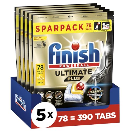Finish Ultimate Plus Citrus Spülmaschinentabs – Geschirrspültabs für intenive Reinigung, Fettlösekraft und Glanz – Sparpack mit 390 Tabs (5 x 78 Tabs)