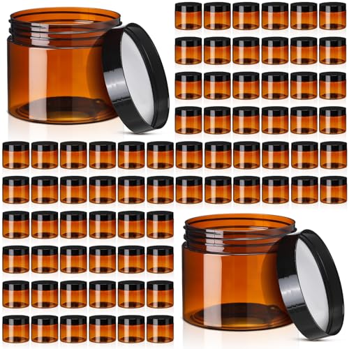 Image of Tanlade 100 Pcs 2 oz Amber Plastic Cosmetic Jars with Lids Empty Leak Proof Container Refillable Cosmetic Jars Airtight for Cream, Lotion, Powder, Ointment, Beauty Products Travel Storage(Round)