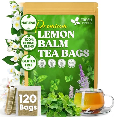 Image of FreshDrinkUS, Premium 120 Lemon Balm Leaf Tea Bags, 100% Natural & Pure from Lemon Balm Leaves. Loose Leaf Herbal Te. No Sugar, No Caffeine, No Gluten, Vegan.