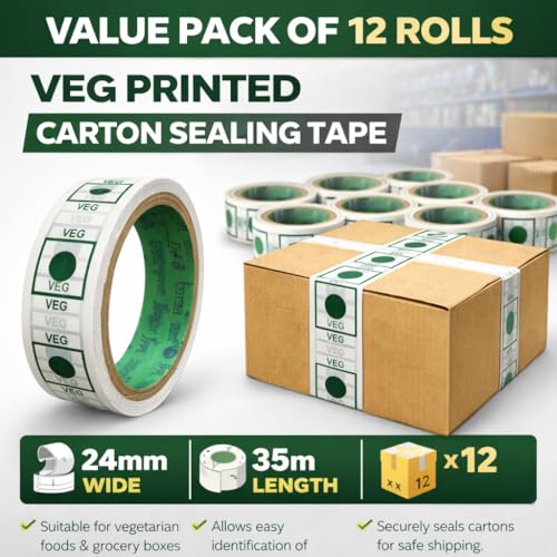 Image of Veg Tape Printed | 35 Meter in Length | Pack of 12 | 24 mm / 1 inch Width | Veg Printed Tape With Green Marking, Self Adhesive Tape for Packing Boxes