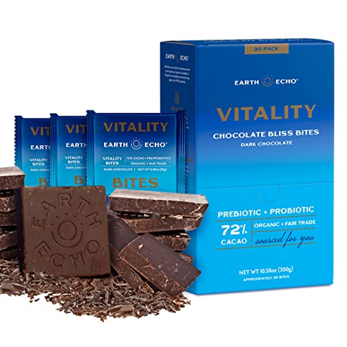 Earth Echo Vitality Chocolate Bliss Bites, Probiotics for Digestive Health, Immune Support, Dark Chocolate Bars with Prebiotic Fiber & Probiotics for Women Digestive Health, Immune Support Supplement