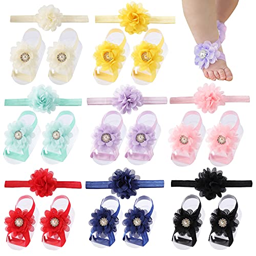 Cinaci 8 Pairs Chiffon Rhinestone Flower Barefoot Sandals with Headbands Accessories for Baby Girls Newborns Infants Toddlers Kids
