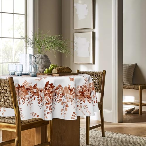 Image of Horaldaily Fall Tablecloth 70 x 70 Inch Round Eucalyptus Floral Caramel | Seasonal Washable Table Cover for Party Picnic Dinner Decor