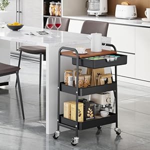 TOOLF 3-Tier Utility Rolling Cart with Wooden Board and Drawer, Metal Storage Cart with Handle, Black Trolley Kitchen Organizer Rolling Desk with Locking Wheels for Office, Classroom, Home, Bedroom TOOLF 3 Tier Utility Rolling Cart with Wooden Board and Drawer Metal Storage Cart with Handle Black Trolley Kitchen Organizer Rolling Desk with Locking Wheels for Office Classroom Home Bedroom