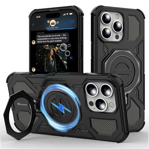 Image of KARWAN Tough Shockproof Armor Back Case Cover Compatible with iPhone 16 Pro with 360 Degree Rotation Magnetic Attraction Ring, Holder Heavy Duty Rugged Cover with MagEaze Wireless Charging (Black)