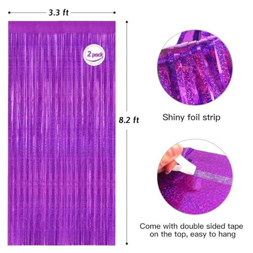 Image of Purple Metallic Tinsel Foil Fringe Curtains Backdrop 2Pack 3.3x8.3Ft Purple Party Streamers for Birthday Party Decorations Halloween Christmas Decors Foil Curtain Backdrop for Bachelorette Wedding