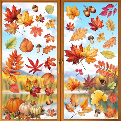 Image of Fall Window Clings Decor Pumpkin Maple Leaf Autumn Thanksgiving Decorations | 9 Sheets Window Stickers for Glass Windows, Fall Harvest Decals for Home Office School Classroom, Holiday Party Supplies