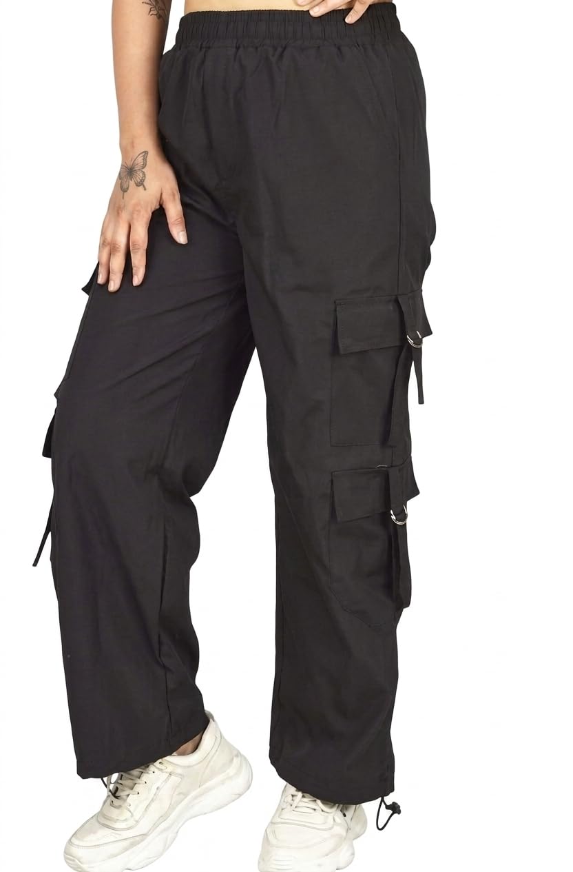 Women's New stayel Cargo Jogger Pants, Elastic Waist, 6 Pockets Black-picture-20
