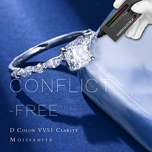 MOOSEA 1.5ct Cushion Moissanite Rings for Women, D Color VVS1 Clarity Lab Created Moissanite Ring 14K White Yellow Rose Gold Vermeil Marquise and Round Side Stone Engagement Rings for Women3