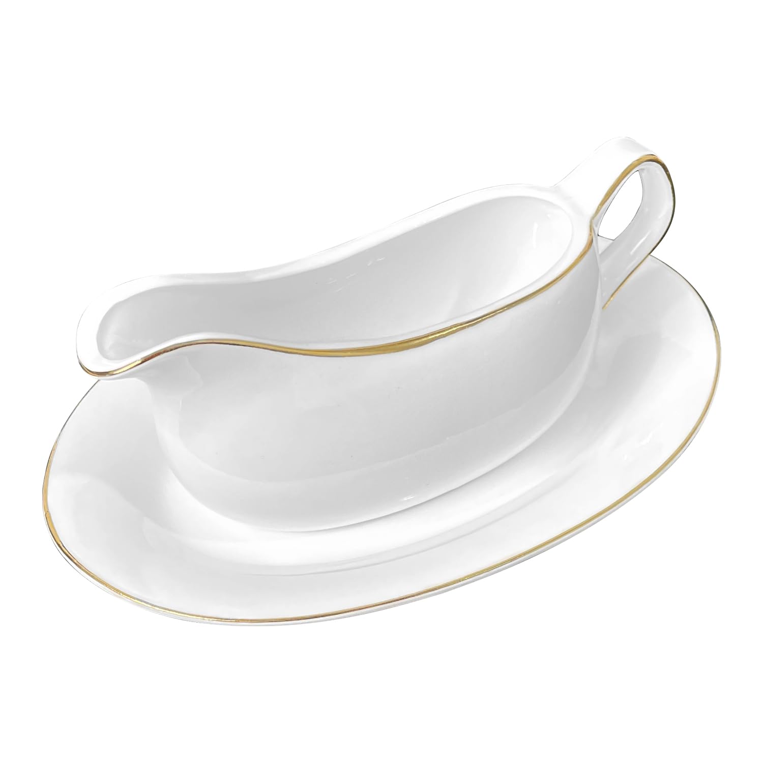 BAKOUSTAR 17oz Large White Ceramic Gravy Boat with Golden Rime - Porcelain Gravy Boat with Large Pour and Fewer Drips, Ceramic Sauce Boat for Gravy, Salad Dressings,Milk,Microwave & Freezer Safe