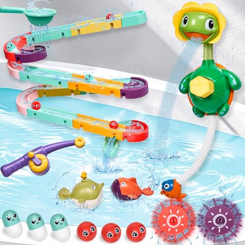 Image of Bath Toys,Bathtub Toy with Shower,Fishing Game for Toddlers, Suction Cup Bath Toys, Bathtub Toys Ball Slide Track for Toddles and Babies, Christmas Birthday Gift for Boys Girls
