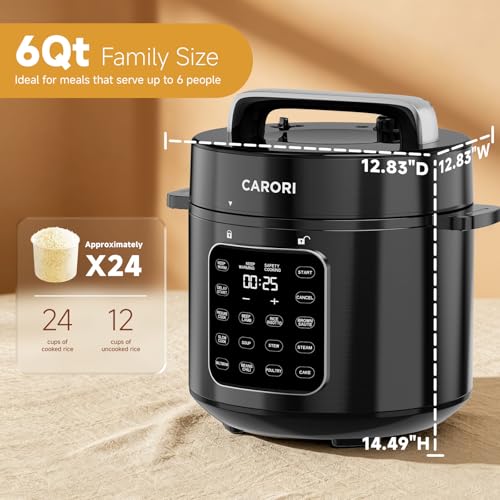 Image of CARORI 6 Qt Electric Pressure Cooker, 9-in-1 Multi-Cooker with 12 One-Touch Presets, IMD Touchscreen, Stainless Steel Inner Pot, 24H Delay Timer, 1000W Compact Pressure Cooker, Black