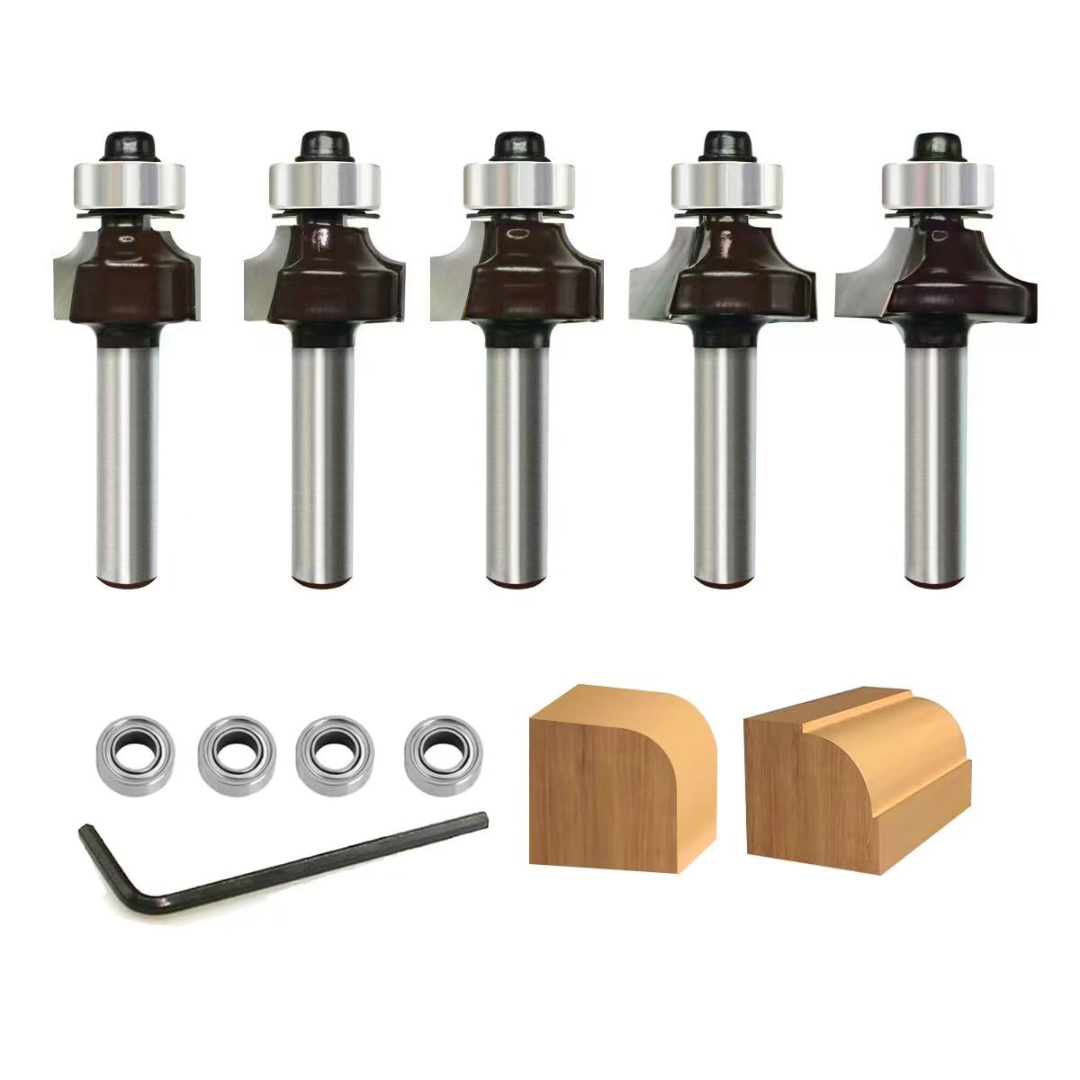 5 fresas redondeadas de 8 mm, radio de 2-3-4-5-8 mm, con 4 rodamientos intercambiables, fresa redonda de metal duro, fresadora redonda sobre fresadora, para carpintería, chaflanes, carpintería