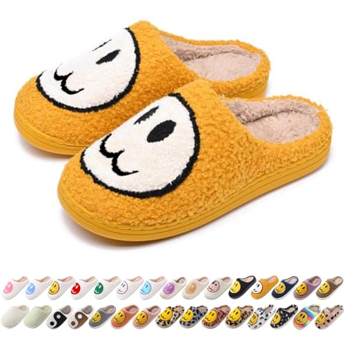 Image of Women's Men's Preppy Happy Face Slippers Comfy Warm Plush Slip-On House Slipper for Winter Indoor Soft Cushion Non-slip Fluffy Slides Slippers