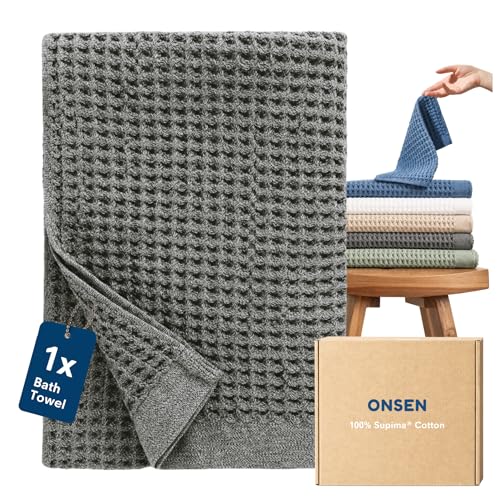 ONSEN Supima Waffle Bath Towel Large Quick Dry Lint Free 100% USA Cotton Lightweight Absorbent Bath Towel 31x57 in (Cinder Grey 1x Bath Towel)