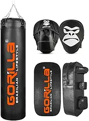 Saco De Pancada Profissional 160 Cm + Aparador De Chute + Manopla De Foco Soco Muay Thai Gorilla