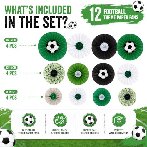 Image of Atpata Funky 12pcs Football Theme Party Decorations - Soccer Ball Paper Fans for Birthday, Sports Party, Match Day, Boys Room Decor - Hanging Paper Rosettes in Green, Black & White Colors