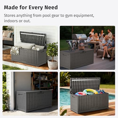 Image of EAST OAK 120 Gallon Outdoor Storage Box | Large Resin Deck Box with Reinforced Stainless Steel Support | Waterproof & UV-Resistant Patio Storage Box for Cushions, Garden Tools & Accessories, Grey