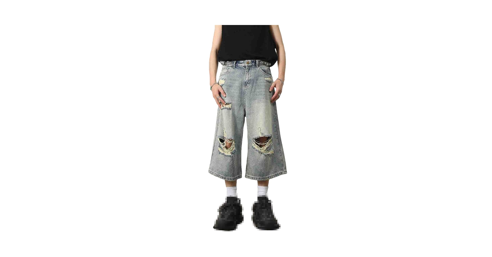 High Street Men's Jeans Vintage Washed Hole Denim Cropped