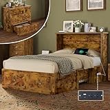 AMERLIFE Twin Size Murphy Bed, Farmhouse Wooden Cabinet with Charging Station and Storage Drawer for Bedroom/Office/Guest Room, Rustic Brown