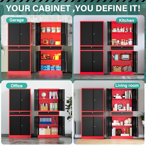 Image of SISESOL Metal Storage Cabinet with Drawer and Lock,Garage Storage Cabinet with Locking Doors and Shelves,71 inch Black Red Metal Cabinets,Lockable Steel Tool Cabinets for Garage,Home,Office,Shop