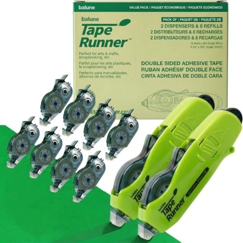 Double Sided Tape with Retractable Dispenser Roller - Permanent Acid Free Transparent - 2 Runners & 8 Refill Cartridges - Ideal Scrapbook Supplies & Scrapbooking Supplies Kit - 315 Inches Each