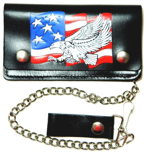 American Flag With Eagle 6'' Black Biker Chain Leather Wallet Bi Fold