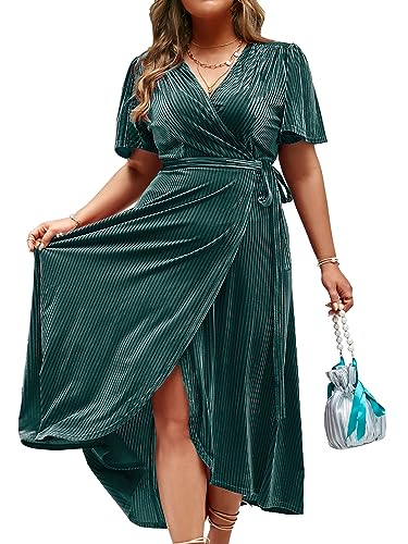 BerryGo Damenkleid aus Samt, V-Ausschnitt, halbformelles Wickelkleid, Cocktail-Party, Maxikleid für Hochzeitsgäste, Z-Samt Plus Salbeigrün, 46 Mehr