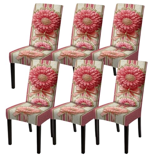 Image of Nuxovilar Pink Floral Ribbon Striped Stretch 23.6x70in 6PCS Covers | Stretch Slipcover Gentle Protector Flower Wrap Seat Guard Dining Room Bedroom Wedding Banquet (Floral Stripe)