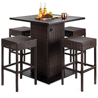 Best Choice Products 5-Piece Outdoor Wicker Bar Table Set for Patio, Poolside, Backyard w/Built-in Bottle Opener, Hidden Storage Shelf, Metal Tabletop, 4 Stools - Brown