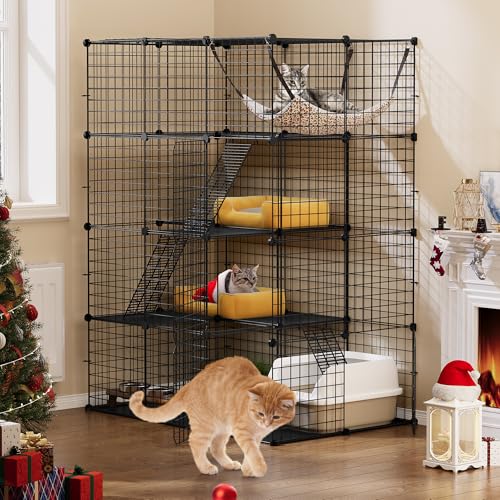 YITAHOME Großer Katzenkäfig für Draußen, DIY Katzenlaufstall aus Metall, 4-stöckige Katzenhütte mit 4 Türen, 3 Leitern, großer Hängematte,...