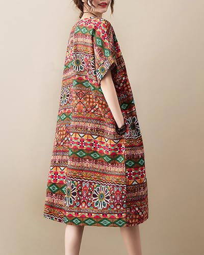 Image of LUZU JUNU Women's Summer Baggy Plus Size Loose Cotton Linen Long Boho Beach Dress with Pockets