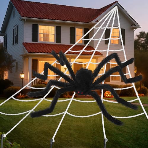 Land Guard 240'' Big Spider Web Halloween Decor+70'' Huge Spider for Roof with Triangular Big Web for on House Outside and Inside
