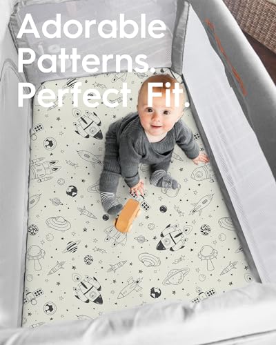 Image of Pack N Play Sheets Fitted, TotBasic Ultra Soft Space Mini Crib Sheets, Premium Jersey Knit Pack and Play Sheets Neutral, Stretchy Play Yard Sheets for Pack and Play Mattress, 2 Pack