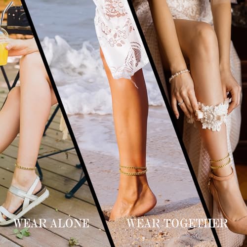 Image of Anklets for Women 14K Gold Plated Ankle Bracelets Waterproof Layered Cuban Link Chain Anklets Set Adjustable Summer Beach Vacation Travel Jewelry