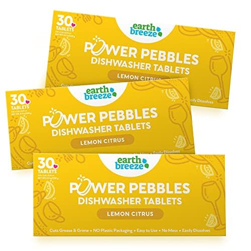 Earth Breeze Power Pebbles Dishwasher Tablets, Tough on Grease, Gentle on Dishes, Lemon Citrus Dish Detergent & Dishwasher Cleaner, Kitchen Cleaning Supplies for Sparkling Results, 90 Tabs (3-Pack)