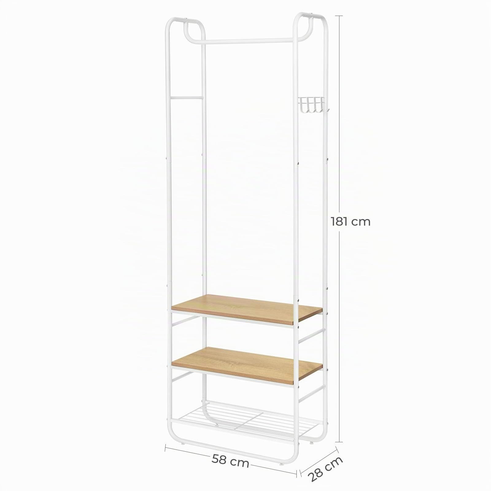 VASAGLE Appendiabiti con Scarpiera per Ingresso, Attaccapanni con Ripiani Portaoggetti, per Soggiorno, Camera da Letto, 58 x 28 x 181 cm, Stile Scandinavo, Bianco Opaco e Rovere Dorato HSR81WN
