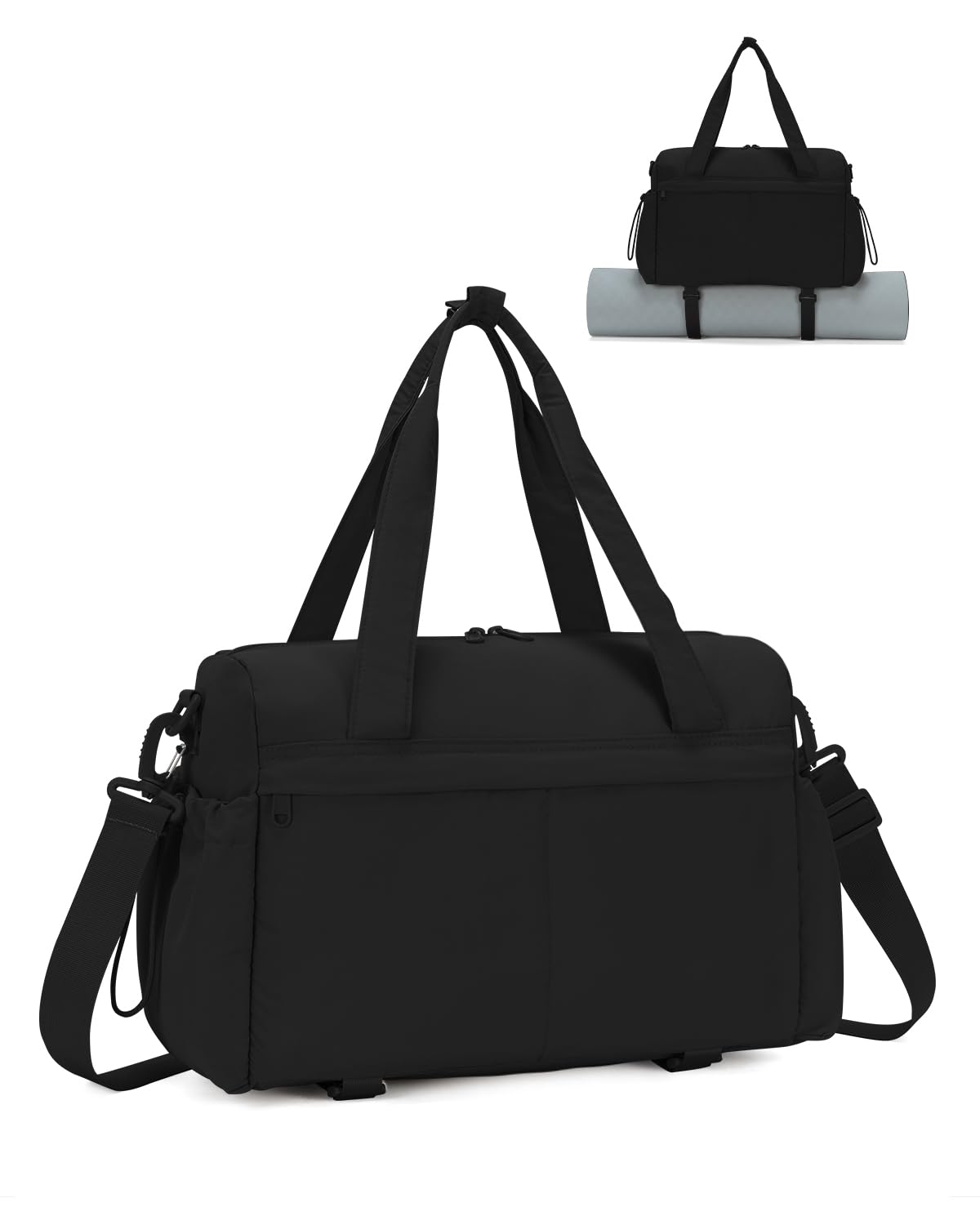 Small Gym Bag Womens with Yoga Mat Holder and Wet Compartment, Yoga Mat Bag with Bottle Pocket, Mini Travel Bag with Shoulder Strap for Weekend Overnight, Puffer Black